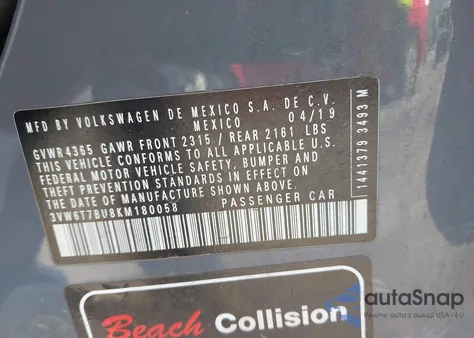 2019 Volkswagen Jetta Gli 2.0T 35Th Anniversary Edition/2.0T Autobahn/2.0T S from USA, damaged, VIN 3VW6T7BU8KM180058